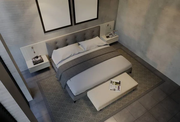 Modern Bedroom Interior Design Contemporary Natural Tones Room Walls Floor — Stock Photo, Image