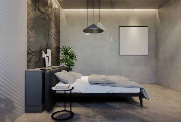 モダンなベッドルームのインテリアデザインは現代的で 天井に自然なトーンがあります イラストのレンダリング — ストック写真