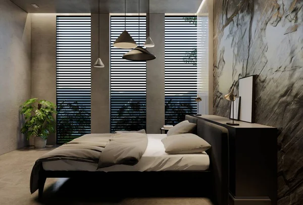 Modern Bedroom Interior Design Contemporary Natural Tones Room Walls Floor — Stock Photo, Image