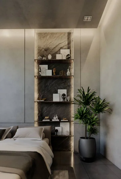 Moderno Dormitorio Diseño Interior Contemporáneo Con Tonos Naturales Habitación Paredes — Foto de Stock