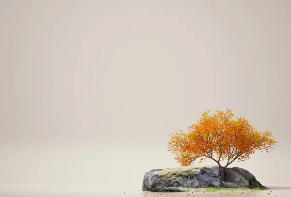 Sonbahar ağacı ve kaya mavi arka planda izole edilmiş. Kopyalama alanı ile ilgili en küçük kavram. 3D görüntüleme. 3d illüstrasyon