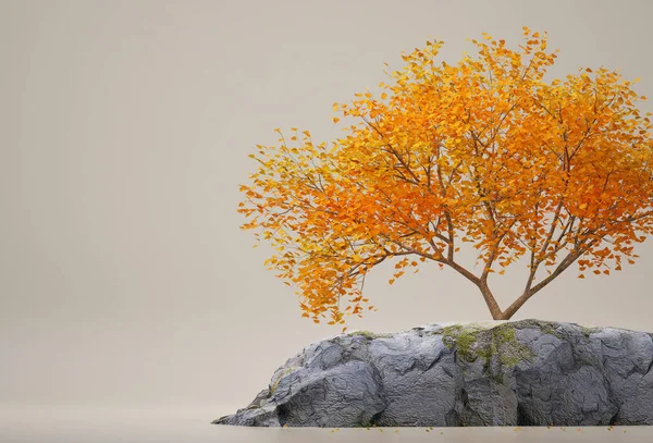 秋天的树和岩石隔离在蓝色的背景上 最小的概念与复制空间 3D渲染 3D说明 — 图库照片