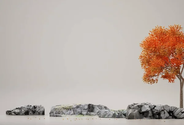 秋天的树和岩石隔离在蓝色的背景上 最小的概念与复制空间 3D渲染 3D说明 — 图库照片