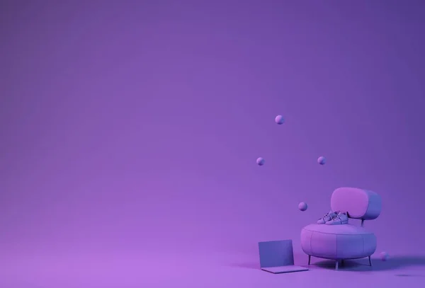 紫色の椅子 ラップトップ 靴は紫色の背景に浮かんでいます コピースペースとの最小限の概念 3Dレンダリング — ストック写真