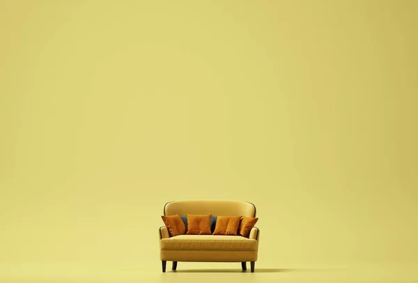 Interior design, Yellow sofa with yellow background. Minimal concept with copy space. 3d rendering