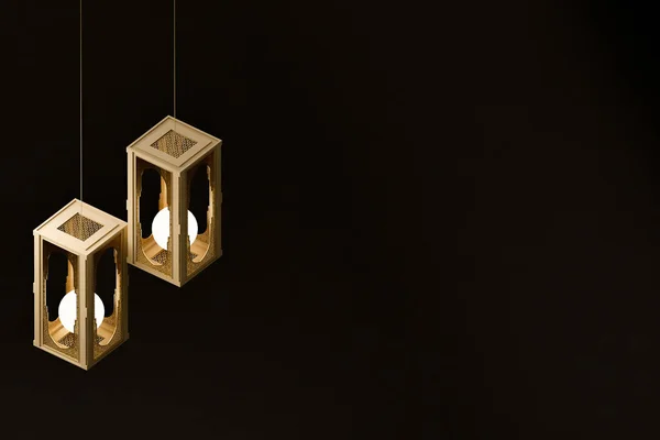 Vykreslování Moderních Islámských Motivů Bannerů Geometrické Zlaté Lucerny Žárovkami Uvnitř — Stock fotografie