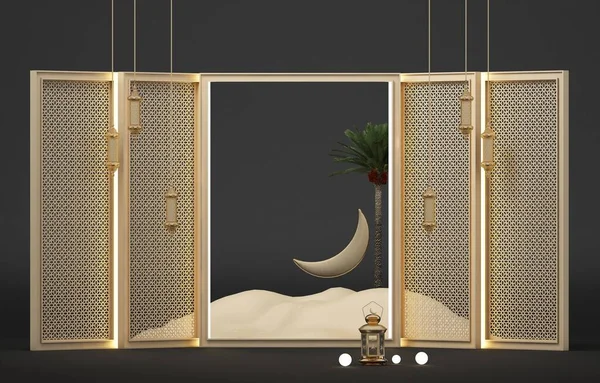 Lantern, moon, desert, and wall pattern with podium. 3d rendering of modern islamic theme banners. Background design template. 3d illustration