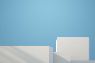 Mavi gökyüzü ile minimum modern geometrik mimari şekli, temel duvar beyaz rengi kutsallaştırır