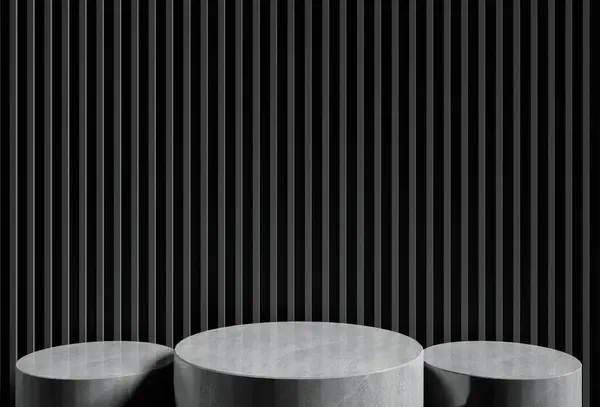 室内设计 带平台大理石的产品展示 黑色面板背景 垂直条纹图案 3D渲染插图 — 图库照片