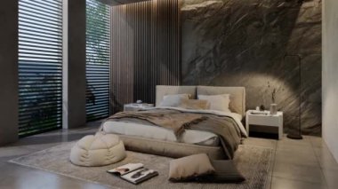 3D animasyon modern yatak odası, iç tasarım oda, duvarlar, zemin ve tavan doğal tonlarıyla çağdaş. 3B resimleme
