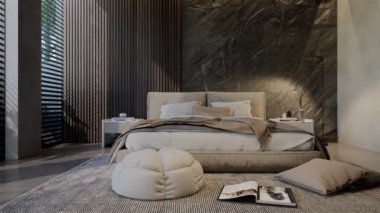 3D animasyon modern yatak odası, iç tasarım oda, duvarlar, zemin ve tavan doğal tonlarıyla çağdaş. 3B resimleme