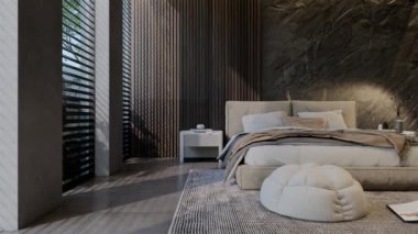 3D animasyon modern yatak odası, iç tasarım oda, duvarlar, zemin ve tavan doğal tonlarıyla çağdaş. 3B resimleme