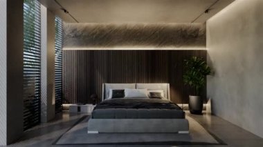 3D animasyon modern yatak odası, iç tasarım oda, duvarlar, zemin ve tavan doğal tonlarıyla çağdaş. 3B resimleme