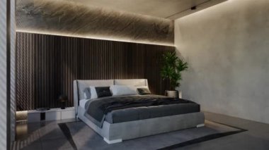 3D animasyon modern yatak odası, iç tasarım oda, duvarlar, zemin ve tavan doğal tonlarıyla çağdaş. 3B resimleme