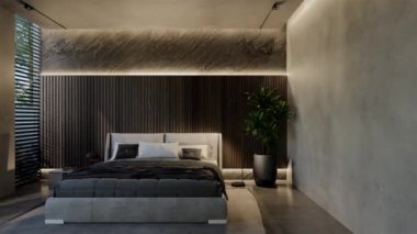 3D animasyon modern yatak odası, iç tasarım oda, duvarlar, zemin ve tavan doğal tonlarıyla çağdaş. 3B resimleme