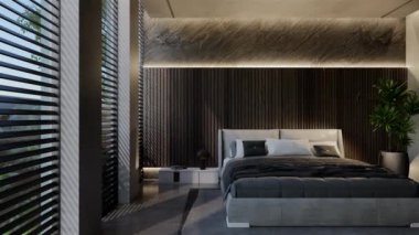 3D animasyon modern yatak odası, iç tasarım oda, duvarlar, zemin ve tavan doğal tonlarıyla çağdaş. 3B resimleme