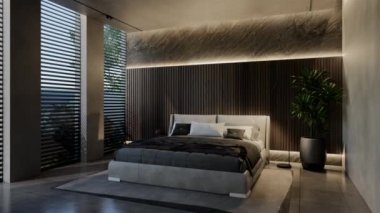 3D animasyon modern yatak odası, iç tasarım oda, duvarlar, zemin ve tavan doğal tonlarıyla çağdaş. 3B resimleme