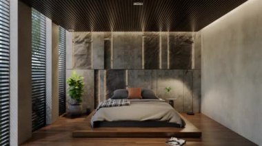 3D animasyon modern yatak odası, iç tasarım oda, duvarlar, zemin ve tavan doğal tonlarıyla çağdaş. 3B resimleme