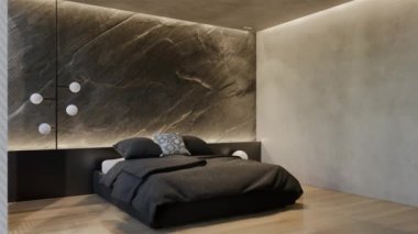3D animasyon modern yatak odası, iç tasarım oda, duvarlar, zemin ve tavan doğal tonlarıyla çağdaş. 3B resimleme