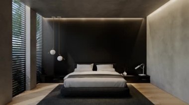 3D animasyon modern yatak odası, iç tasarım oda, duvarlar, zemin ve tavan doğal tonlarıyla çağdaş. 3B resimleme