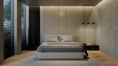 3D animasyon modern yatak odası, iç tasarım oda, duvarlar, zemin ve tavan doğal tonlarıyla çağdaş. 3B resimleme