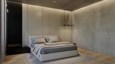 3D animasyon modern yatak odası, iç tasarım oda, duvarlar, zemin ve tavan doğal tonlarıyla çağdaş. 3B resimleme