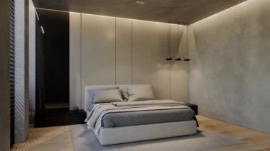 3D animasyon modern yatak odası, iç tasarım oda, duvarlar, zemin ve tavan doğal tonlarıyla çağdaş. 3B resimleme