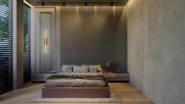 3D animasyon modern yatak odası, iç tasarım oda, duvarlar, zemin ve tavan doğal tonlarıyla çağdaş. 3B resimleme