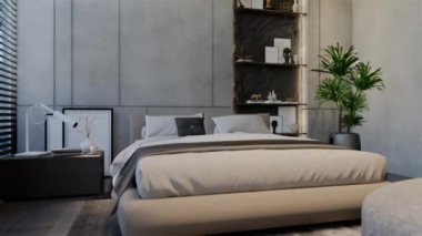 3D animasyon modern yatak odası, iç tasarım oda, duvarlar, zemin ve tavan doğal tonlarıyla çağdaş. 3B resimleme
