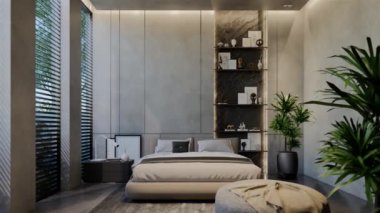 3D animasyon modern yatak odası, iç tasarım oda, duvarlar, zemin ve tavan doğal tonlarıyla çağdaş. 3B resimleme