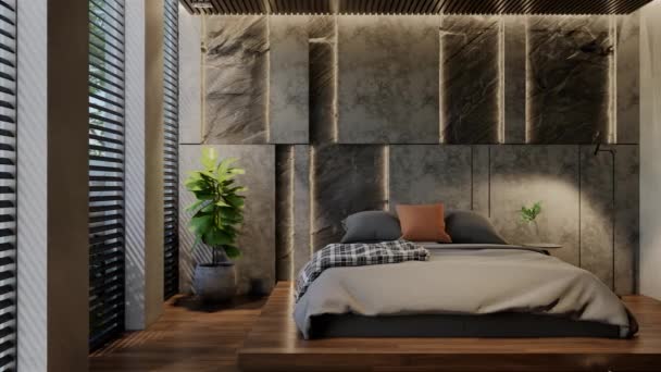 Animación Dormitorio Moderno Diseño Interior Contemporáneo Con Tonos Naturales Habitación — Vídeos de Stock