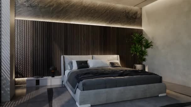 Animación Dormitorio Moderno Diseño Interior Contemporáneo Con Tonos Naturales Habitación — Vídeo de stock