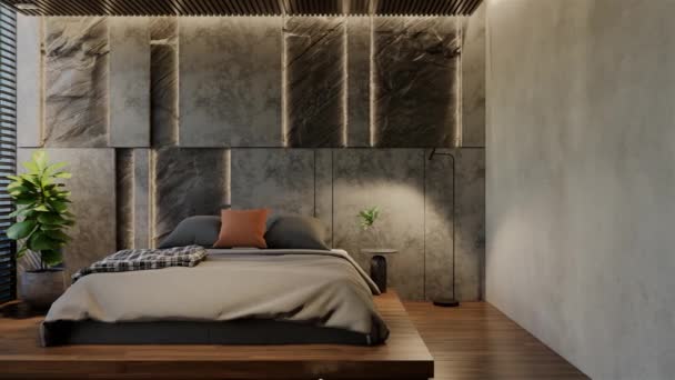Animation Современная Спальня Дизайн Интерьера Современный Натуральными Тонами Комнате Стенах — стоковое видео