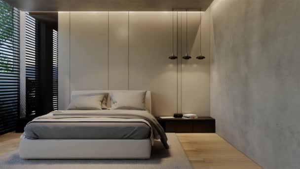 Animación Dormitorio Moderno Diseño Interior Contemporáneo Con Tonos Naturales Habitación — Vídeos de Stock