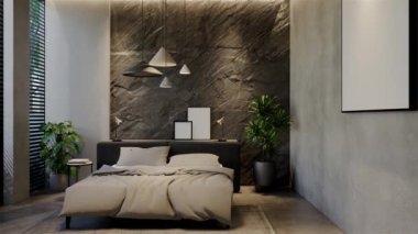 3D animasyon modern yatak odası, iç tasarım oda, duvarlar, zemin ve tavan doğal tonlarıyla çağdaş. 3B resimleme