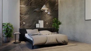 3D animasyon modern yatak odası, iç tasarım oda, duvarlar, zemin ve tavan doğal tonlarıyla çağdaş. 3B resimleme