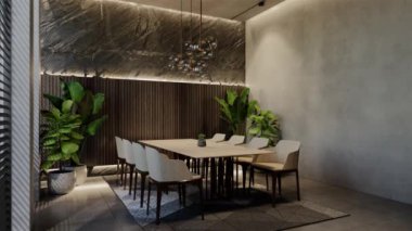 Modern yemek odası iç tasarımı çağdaş, odada doğal tonlar, duvarlar, zemin ve tavan. 3d resimleme