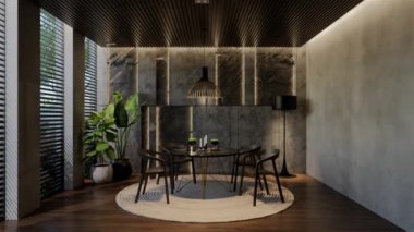 Modern yemek odası iç tasarımı çağdaş, odada doğal tonlar, duvarlar, zemin ve tavan. 3d resimleme