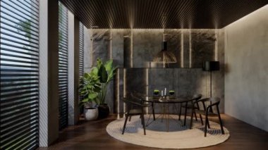 Modern yemek odası iç tasarımı çağdaş, odada doğal tonlar, duvarlar, zemin ve tavan. 3d resimleme