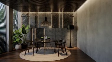 Modern yemek odası iç tasarımı çağdaş, odada doğal tonlar, duvarlar, zemin ve tavan. 3d resimleme