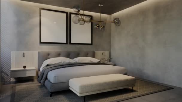 Animation Modern Bedroom Interior Design Contemporary Natural Tones Room Walls — Stock Video