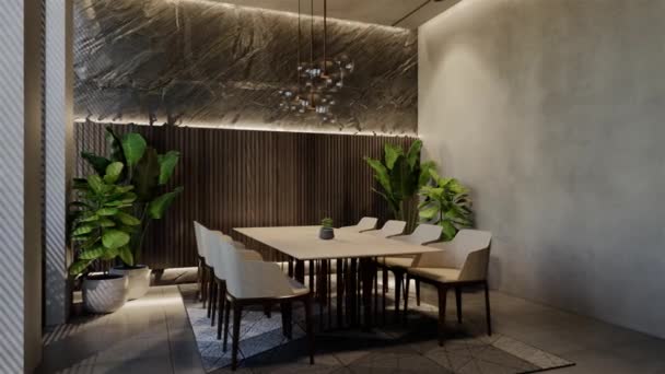 现代餐厅室内设计现代 具有自然色调的房间 地板和天花板 3D渲染说明 — 图库视频影像