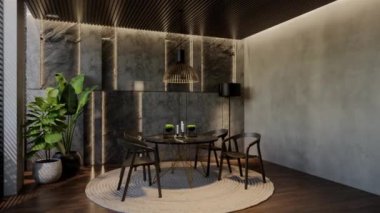 Modern yemek odası iç tasarımı çağdaş, odada doğal tonlar, duvarlar, zemin ve tavan. 3d resimleme
