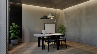 Modern yemek odası iç tasarımı çağdaş, odada doğal tonlar, duvarlar, zemin ve tavan. 3d resimleme
