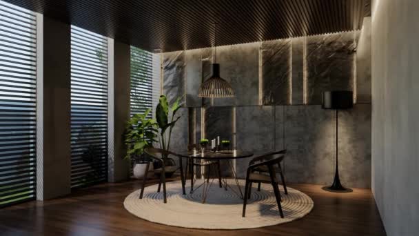 Современный Дизайн Интерьера Столовой Естественными Тонами Комнате Стенах Полу Потолке — стоковое видео