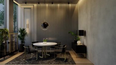 Modern yemek odası iç tasarımı çağdaş, odada doğal tonlar, duvarlar, zemin ve tavan. 3d resimleme