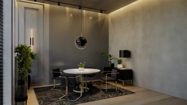 现代餐厅室内设计现代 具有自然色调的房间 地板和天花板 3D渲染说明 — 图库视频影像