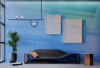 Gökyüzü mavisi duvar arkaplanlı çerçeveli fotoğraf modeli. 3 Boyutlu Resim Çizimi