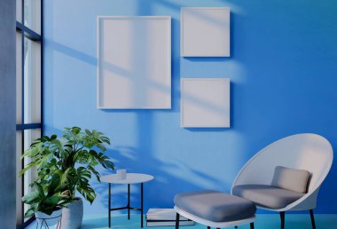 Gökyüzü mavisi duvar arkaplanlı çerçeveli fotoğraf modeli. 3 Boyutlu Resim Çizimi