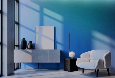 Gökyüzü mavisi duvar arkaplanlı çerçeveli fotoğraf modeli. 3 Boyutlu Resim Çizimi